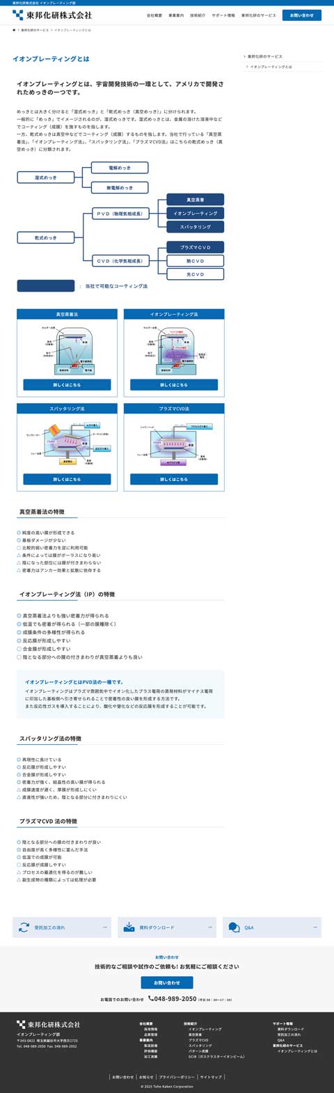 東邦化研株式会社 イオンプレーティング部様 サービスサイト制作実績 技術詳細ページ